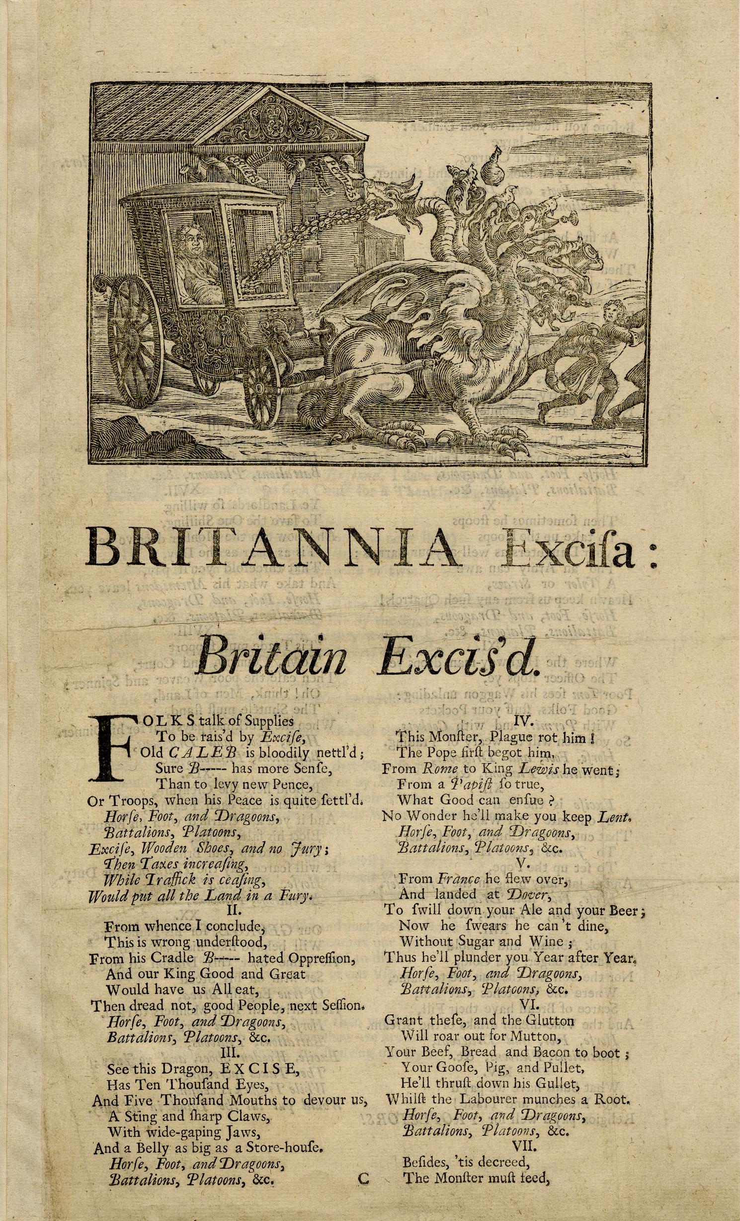 A satirical ballad against the Excise Bill with a woodcut headpiece showing Robert Walpole in a chaise drawn by a many-headed monster (the Excise scheme)