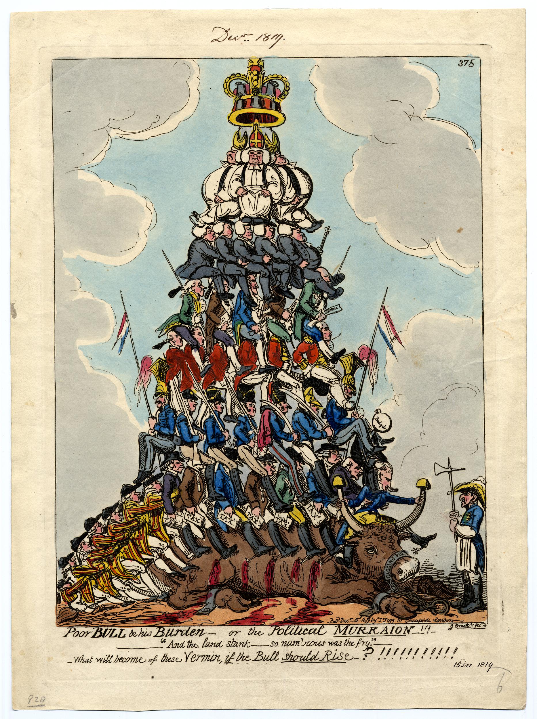 Tax collectors weighing down John Bull - satirical print from 1819, (c) Trustees of the British Museum