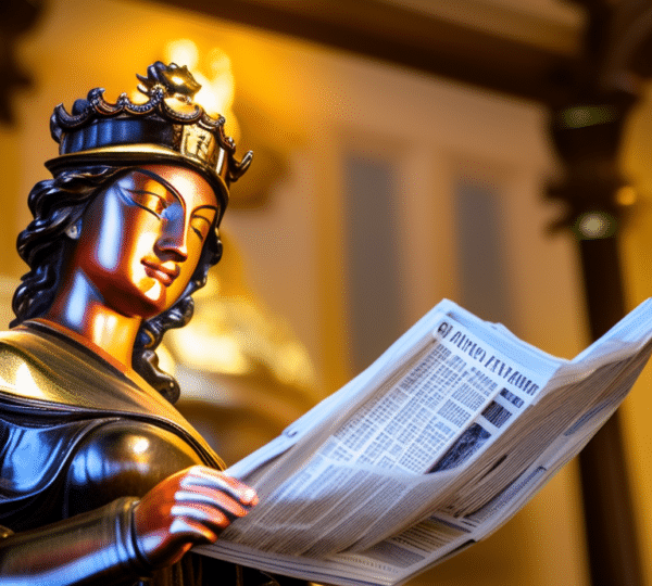 a statue of Lady Justice reading a newspaper