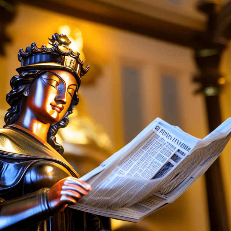 a statue of Lady Justice reading a newspaper