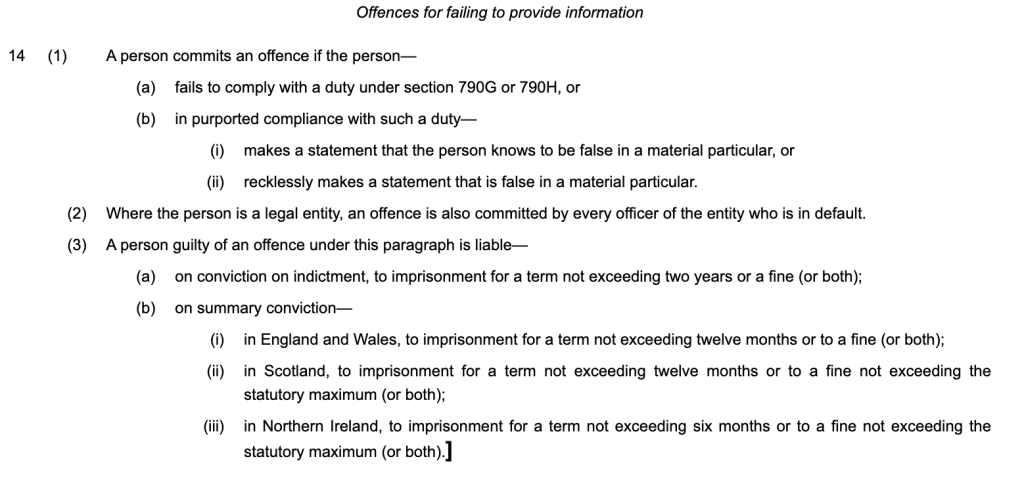 14(1)A person commits an offence if the person—
(a)fails to comply with a duty under section 790G or 790H, or

(b)in purported compliance with such a duty—

(i)makes a statement that the person knows to be false in a material particular, or

(ii)recklessly makes a statement that is false in a material particular.

(2)Where the person is a legal entity, an offence is also committed by every officer of the entity who is in default.

(3)A person guilty of an offence under this paragraph is liable—

(a)on conviction on indictment, to imprisonment for a term not exceeding two years or a fine (or both);

(b)on summary conviction—

(i)in England and Wales, to imprisonment for a term not exceeding twelve months or to a fine (or both);

(ii)in Scotland, to imprisonment for a term not exceeding twelve months or to a fine not exceeding the statutory maximum (or both);

(iii)in Northern Ireland, to imprisonment for a term not exceeding six months or to a fine not exceeding the statutory maximum (or both).]