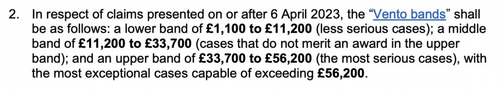 n respect of claims presented on or after 6 April 2023, the “Vento bands” shall
be as follows: a lower band of £1,100 to £11,200 (less serious cases); a middle
band of £11,200 to £33,700 (cases that do not merit an award in the upper
band); and an upper band of £33,700 to £56,200 (the most serious cases), with
the most exceptional cases capable of exceeding £56,200.